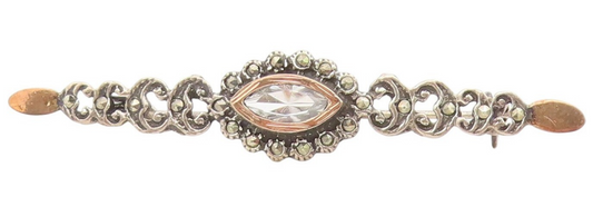 18k Gold & 925 Sterling Silver Vintage Brooch Pin Marcasite Floral Bar  BP12215
