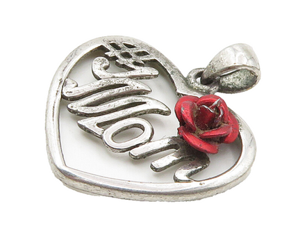 925 Sterling Silver  Vintage Number One Mom Rose Love Heart Pendant  PT12380