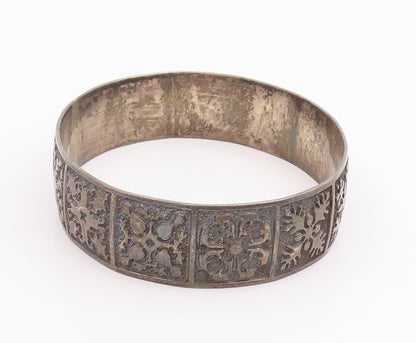 925 Sterling Silver Vintage Bracelet Classic Etched Floral Motif Bangle  BT11956