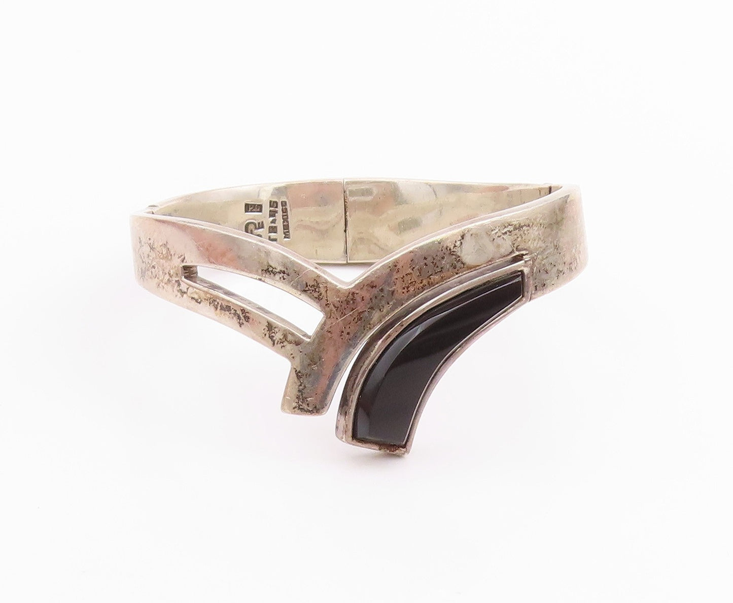 925 Sterling Silver Vintage Bracelet JRE MEXICO Designer Cutout Onyx  BT11326