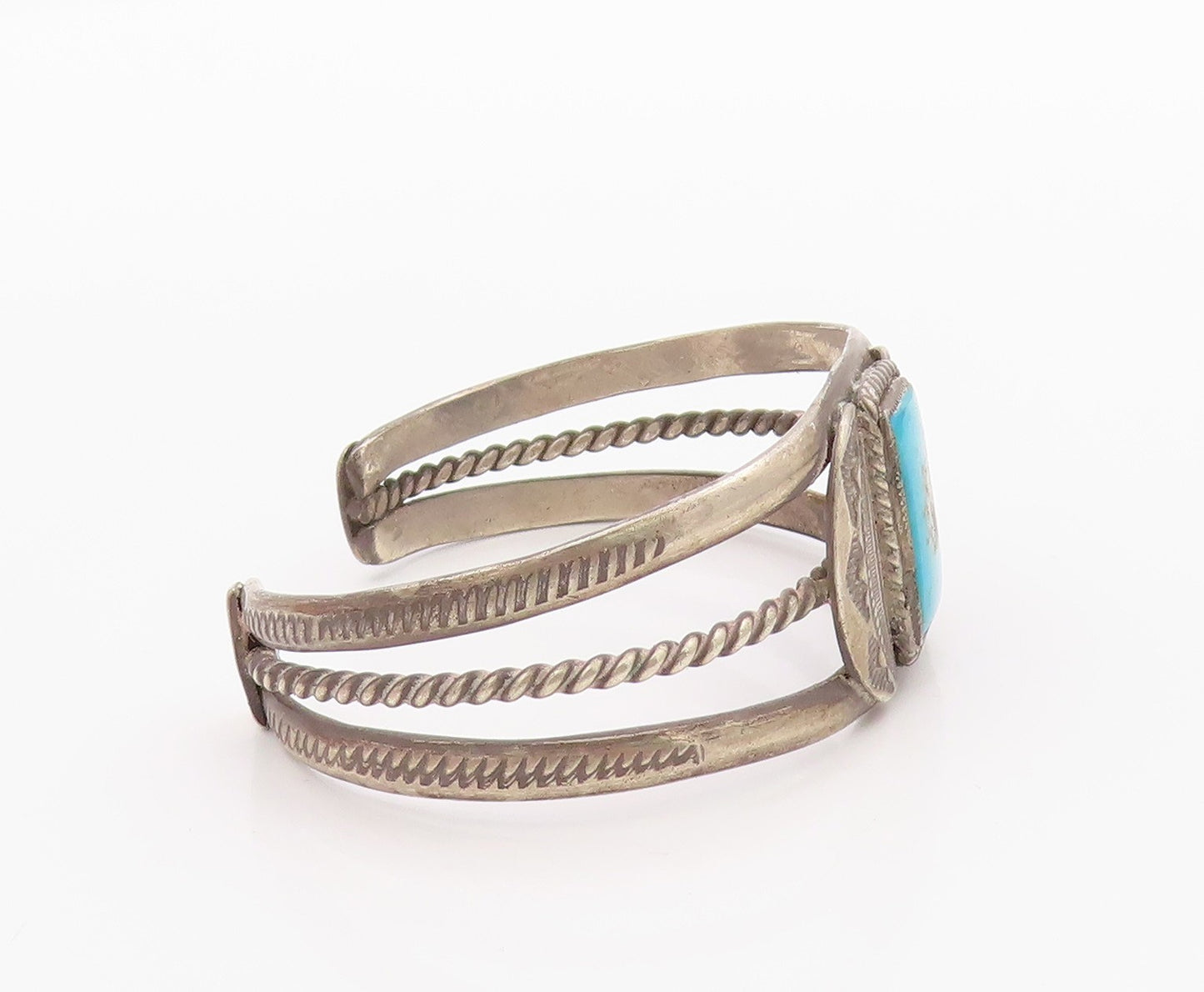 925 Sterling Silver Vintage Bracelet NAVAJO Blue Turquoise Etched Cuff  BT11373