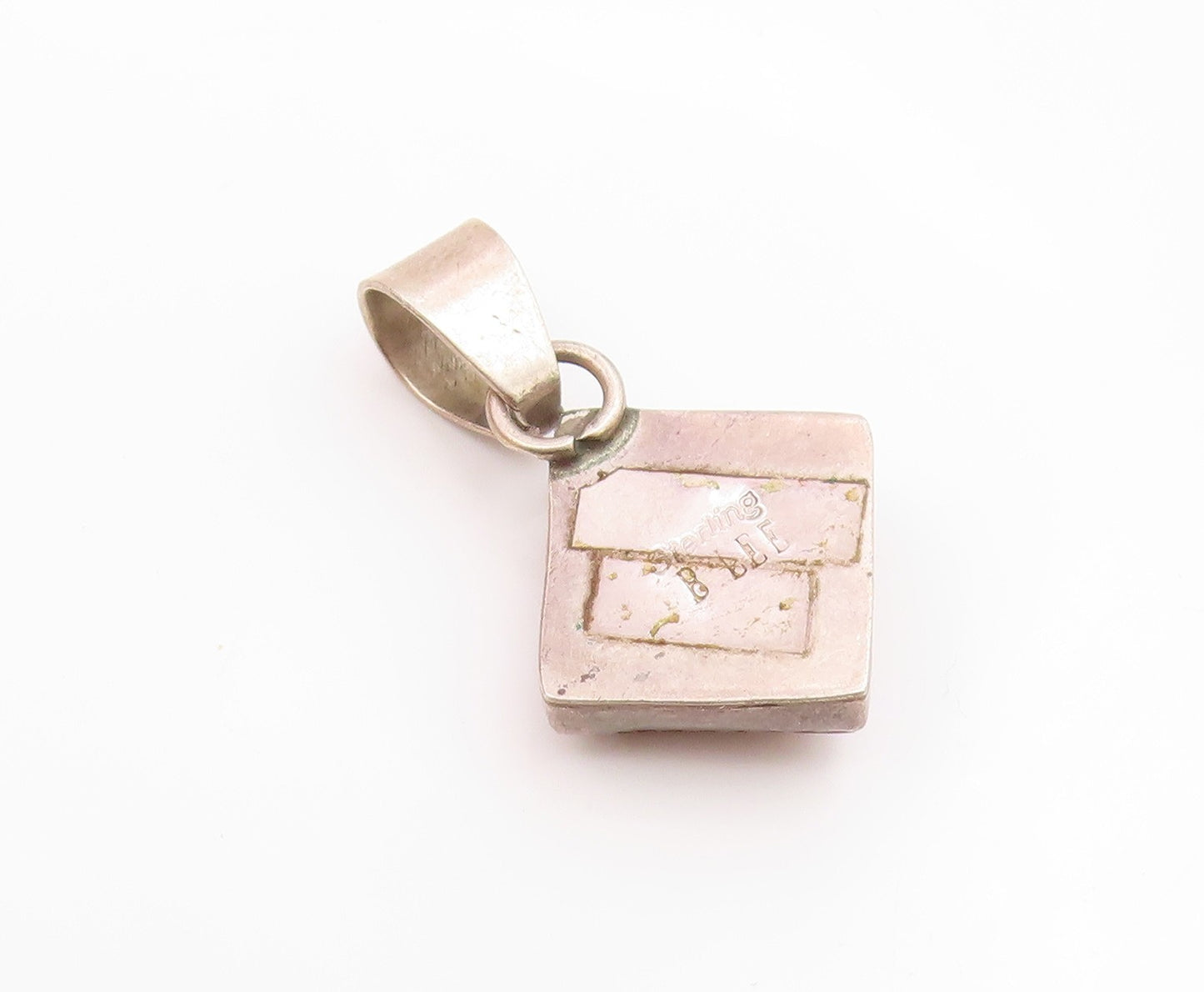 B. LEE NAVAJO 925 Sterling Silver Vintage Wooded Square Drop Pendant  PT17343
