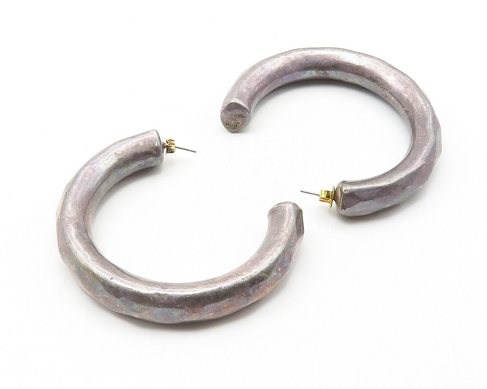 ISRAEL 925 Silver   Vintage Dark Tone Hollow Hammered JHoop Earrings  EG5755
