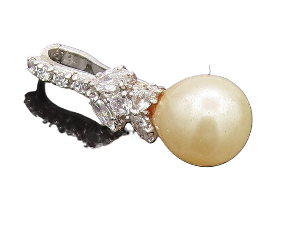 925 Sterling Silver Vintage Pendant Beaded CZ Drop Band Large Pearl  PT22568