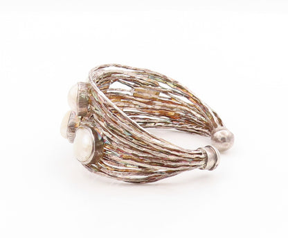 925 Sterling Silver Vintage Bracelet Oval Pearl Brutalist Carved Cuff  BT11043