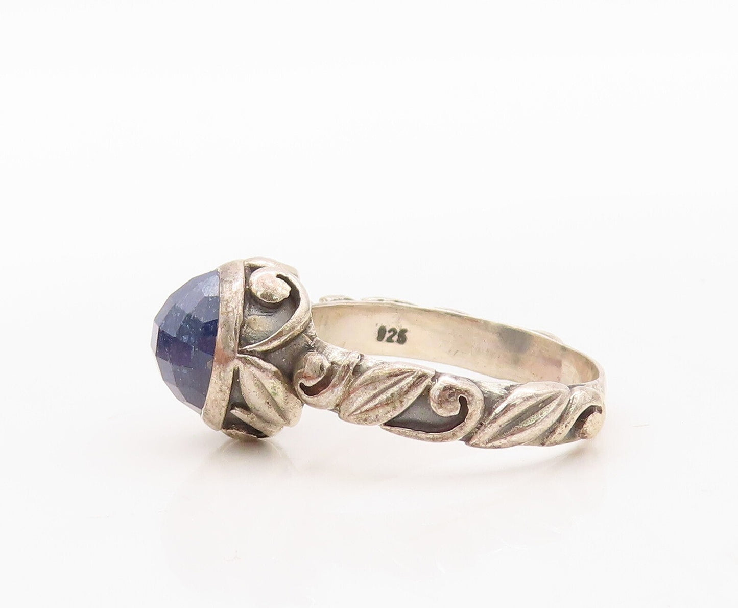 925 Sterling Silver Vintage Ring Swirly Carved Band Round Gemstone Sz 7  RG30693