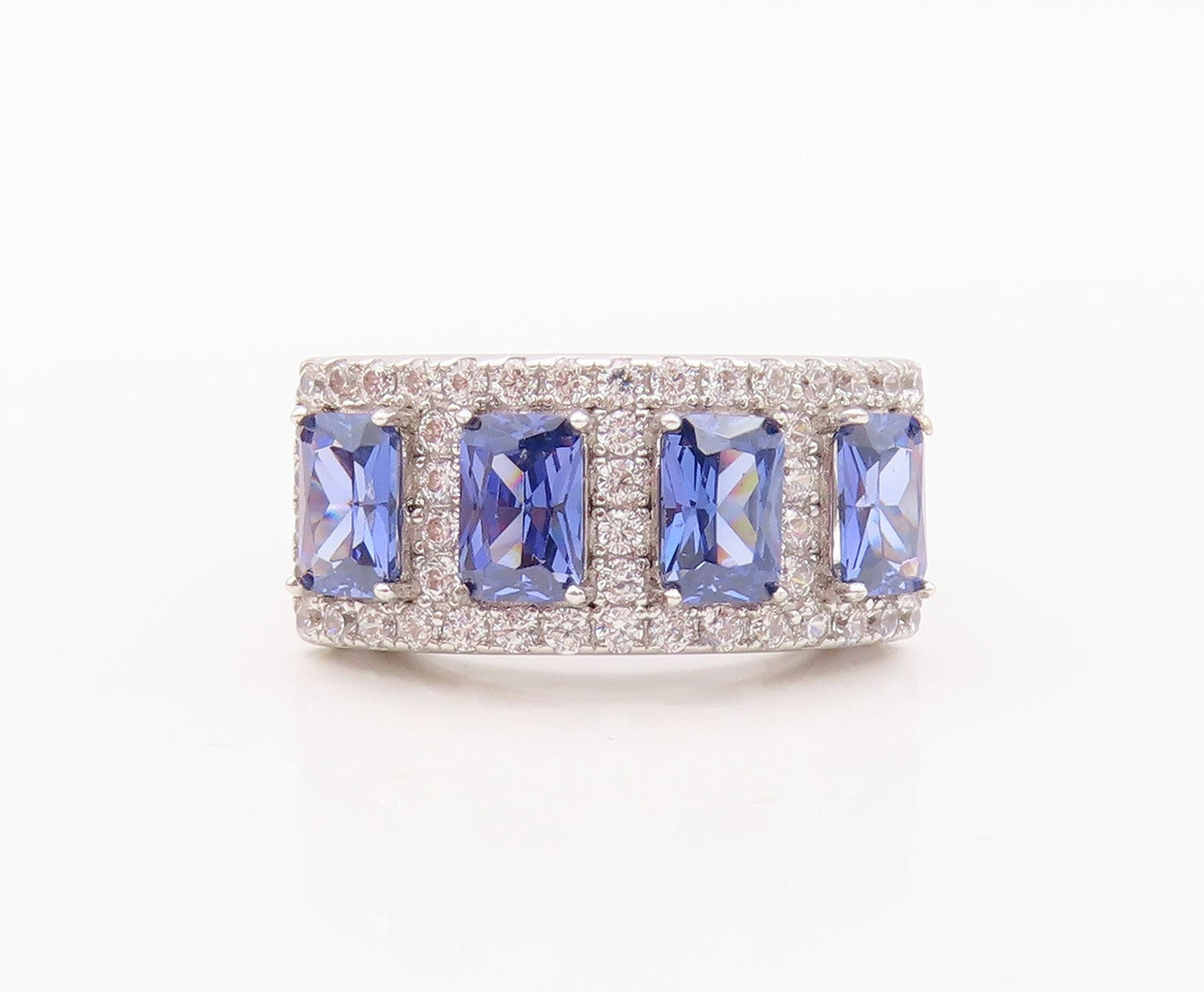925 Sterling Silver Vintage Ring Rectangle Cut Blue & White CZ Band Sz 7 RG29987
