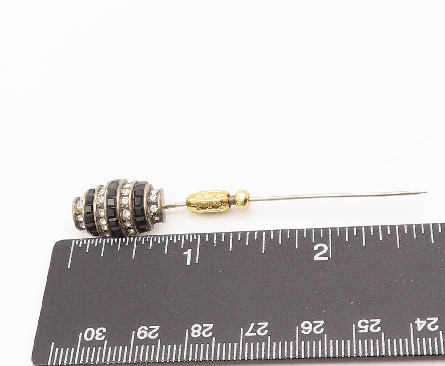 925 Sterling Silver Vintage Brooch Pin Antique Gold Plated Domed Onyx CZ BP10586
