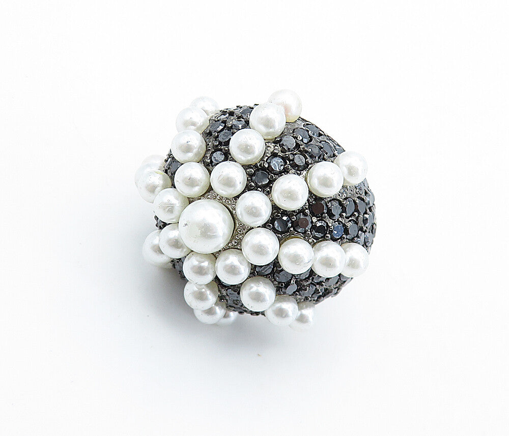 925 Sterling Silver  Pearls & Hematite Modernist Cocktail Ring Sz 7.5  RG6631