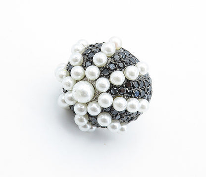 925 Sterling Silver  Pearls & Hematite Modernist Cocktail Ring Sz 7.5  RG6631