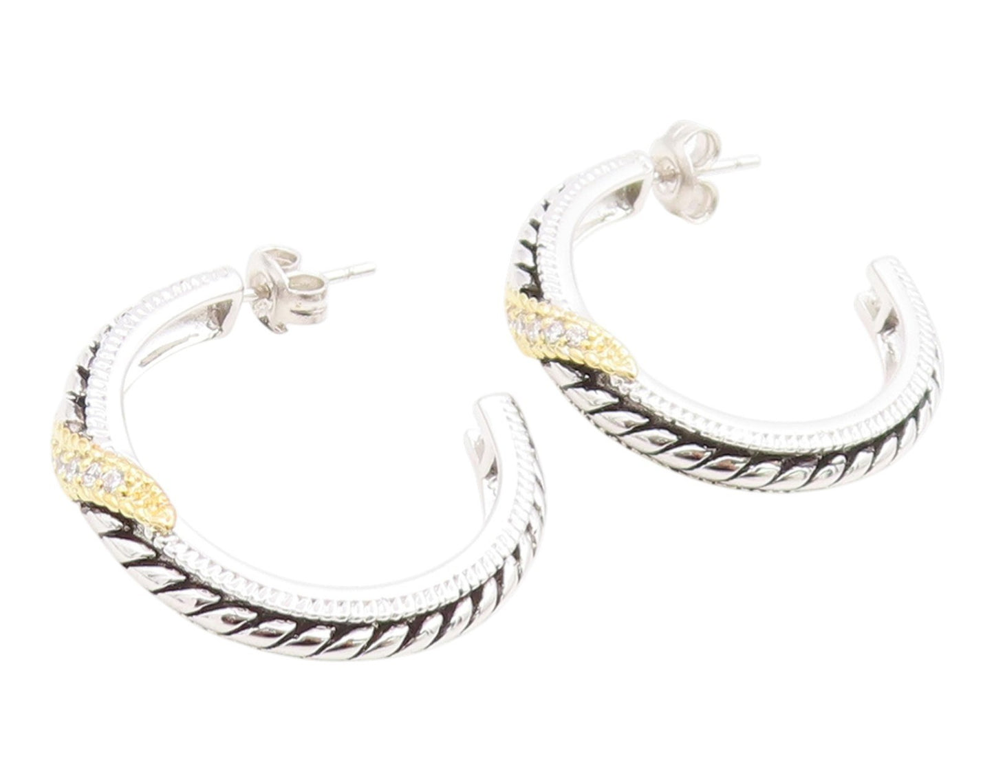 925 Sterling Silver Vintage Earrings Two Tone CZ Twisted Cable Hoops  EG14347