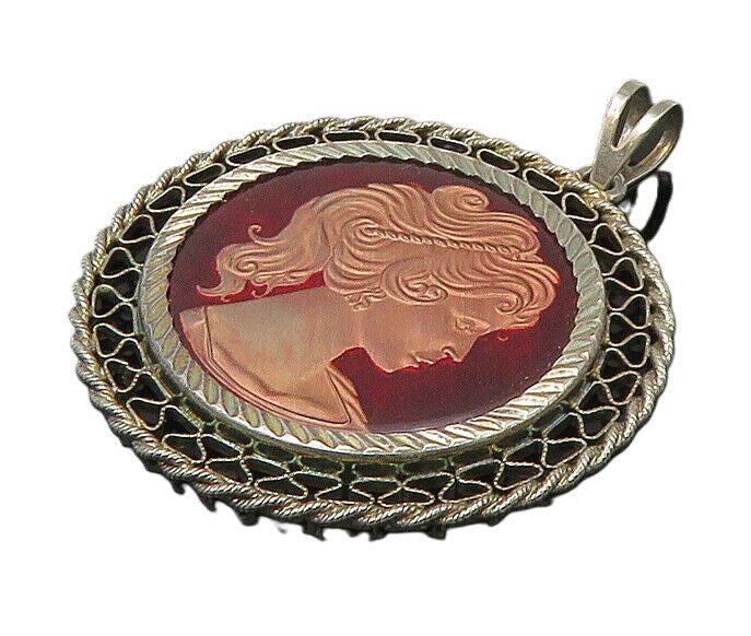 925 Sterling Silver  Vintage Enamel Woman Profile Round Pendant  PT18397