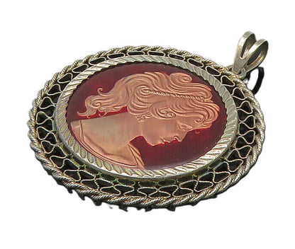 925 Sterling Silver  Vintage Enamel Woman Profile Round Pendant  PT18397