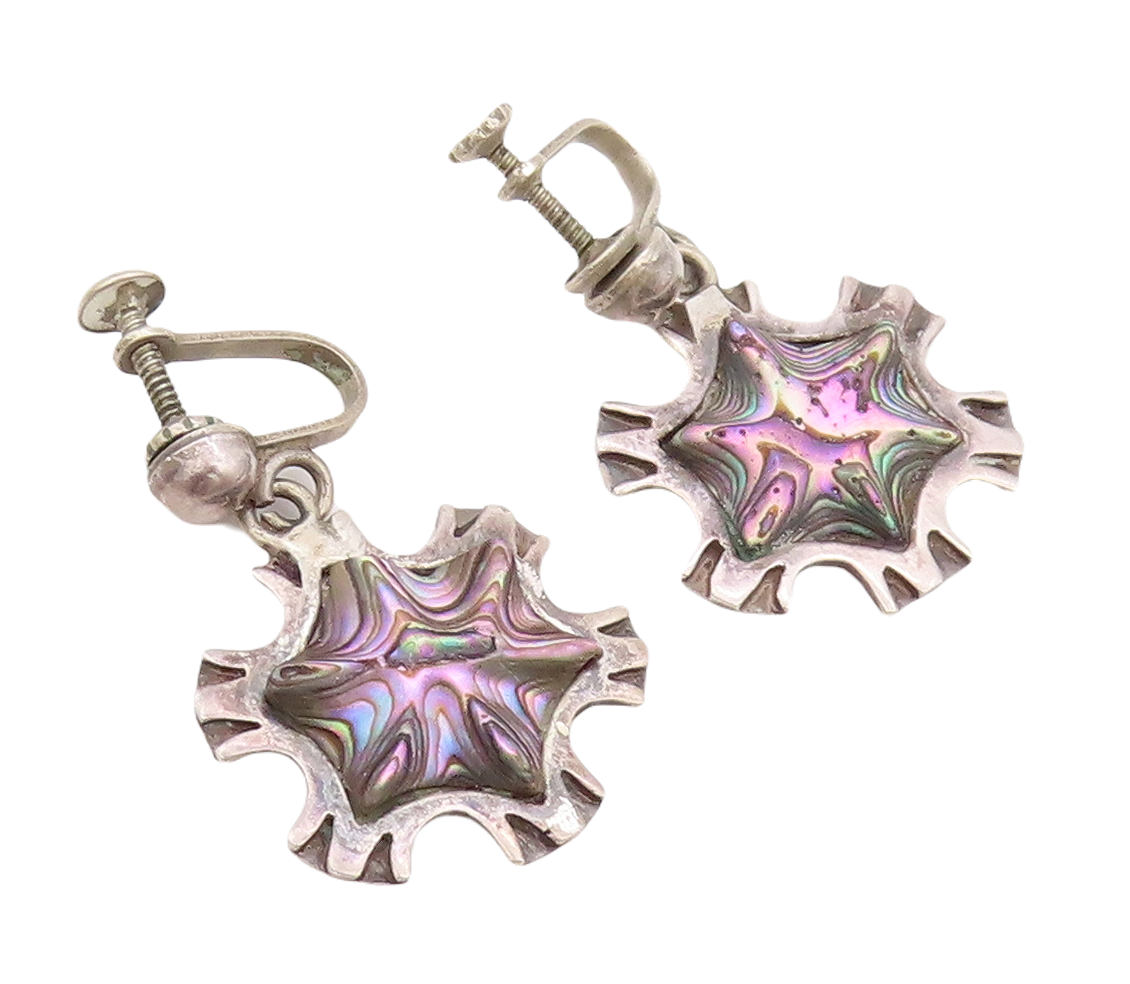 925 Sterling Silver Vintage Earrings MEXICO Abalone Carved Snow Flake  EG13178