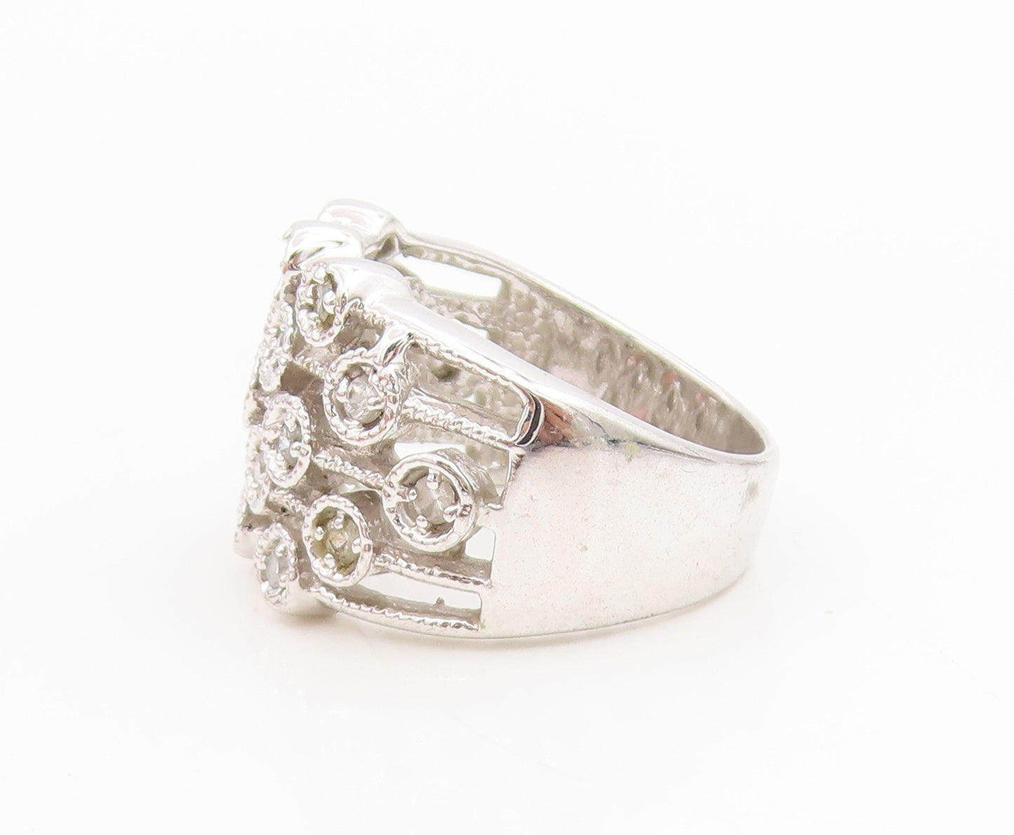 925 Sterling Silver Vintage Ring Round CZ Multi Row Openwork Band  Sz 7  RG35024