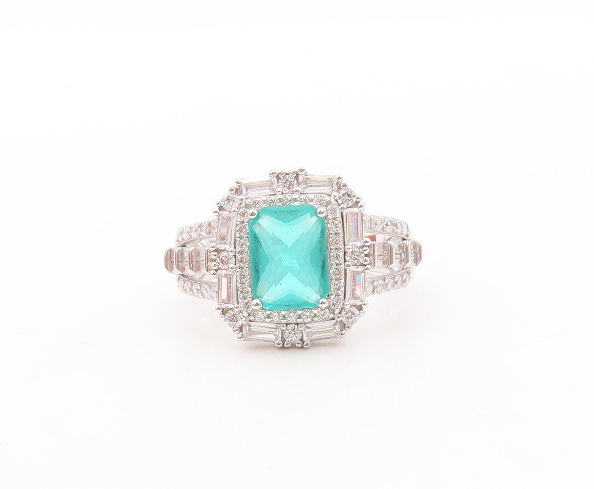 925 Sterling Silver Vintage Ring Rectangle Sea Green Halo White CZ  Sz 7 RG30852