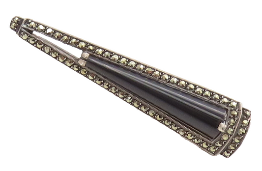 925 Sterling Silver Vintage Brooch Pin Onyx & Marcasite Baseball Bat BP10583