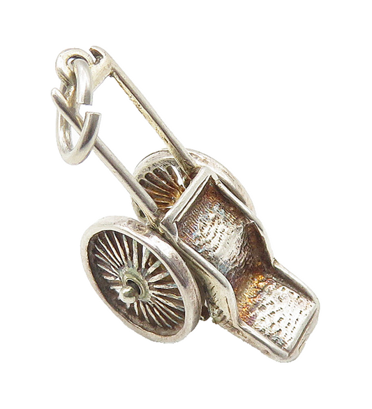 925 Sterling Silver  Vintage Shiny Wheelbarrow Motif Drop Pendant  PT8431