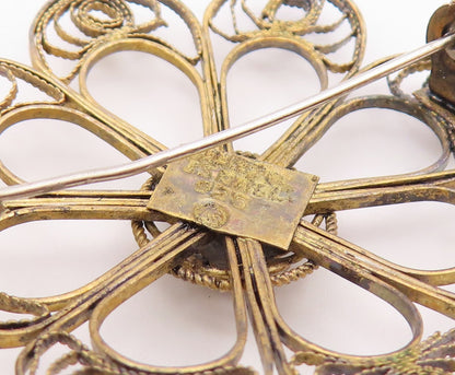ISRAEL 925 Sterling Silver  Vintage Topaz Filigree Flower Brooch Pin  BP3606
