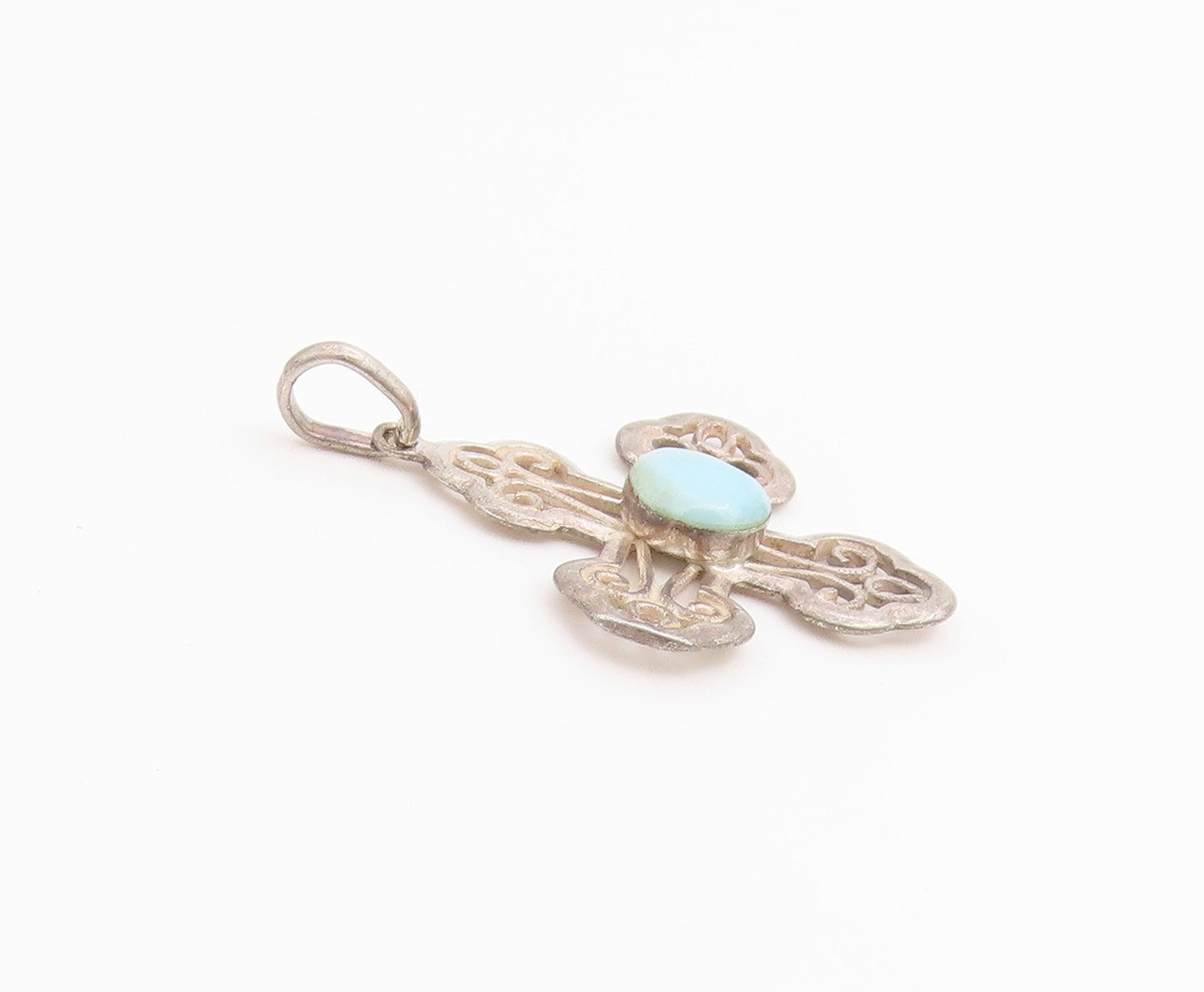 925 Sterling Silver Vintage Pendant Larimar Scrollwork Religious Cross  PT26523