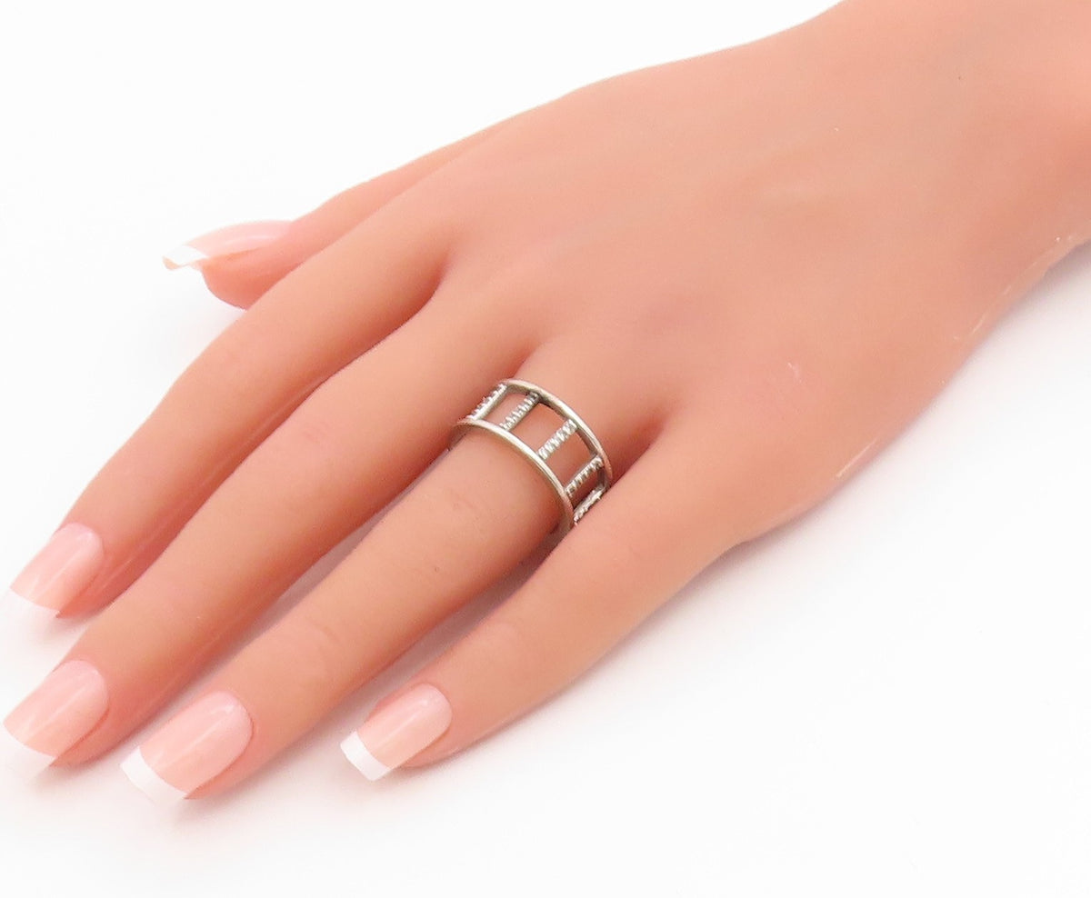 925 Sterling Silver Vintage Ring CZ Geometric Square Cutout Band  Sz 8  RG35845
