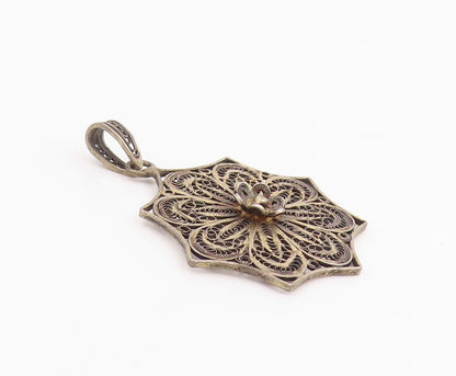 925 Sterling Silver Vintage Pendant Intricate Filigree Floral Blossom  PT26009