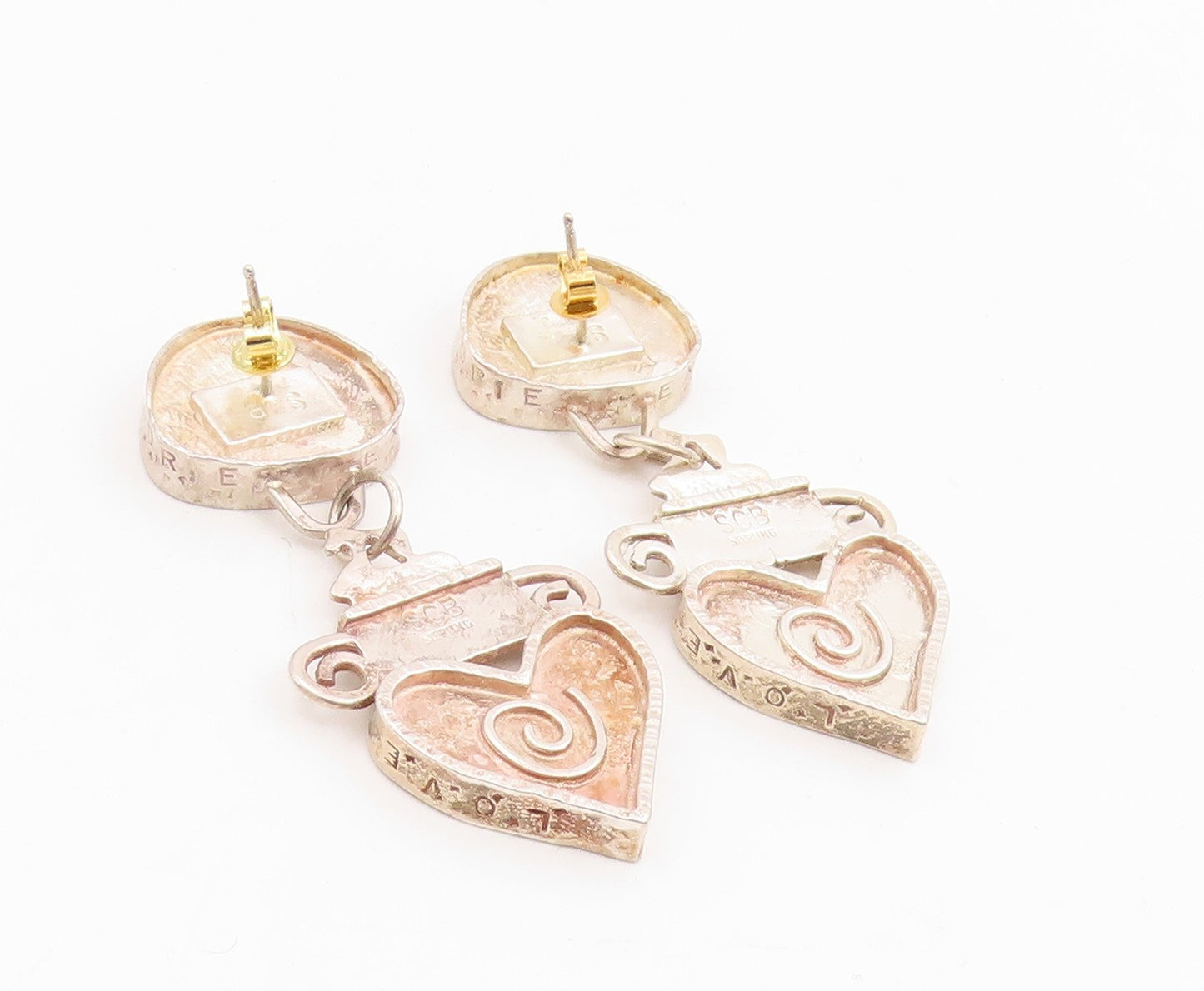 14k Gold & 925 Sterling Silver Vintage Earrings Love Heart Motif Dangle  EG14112