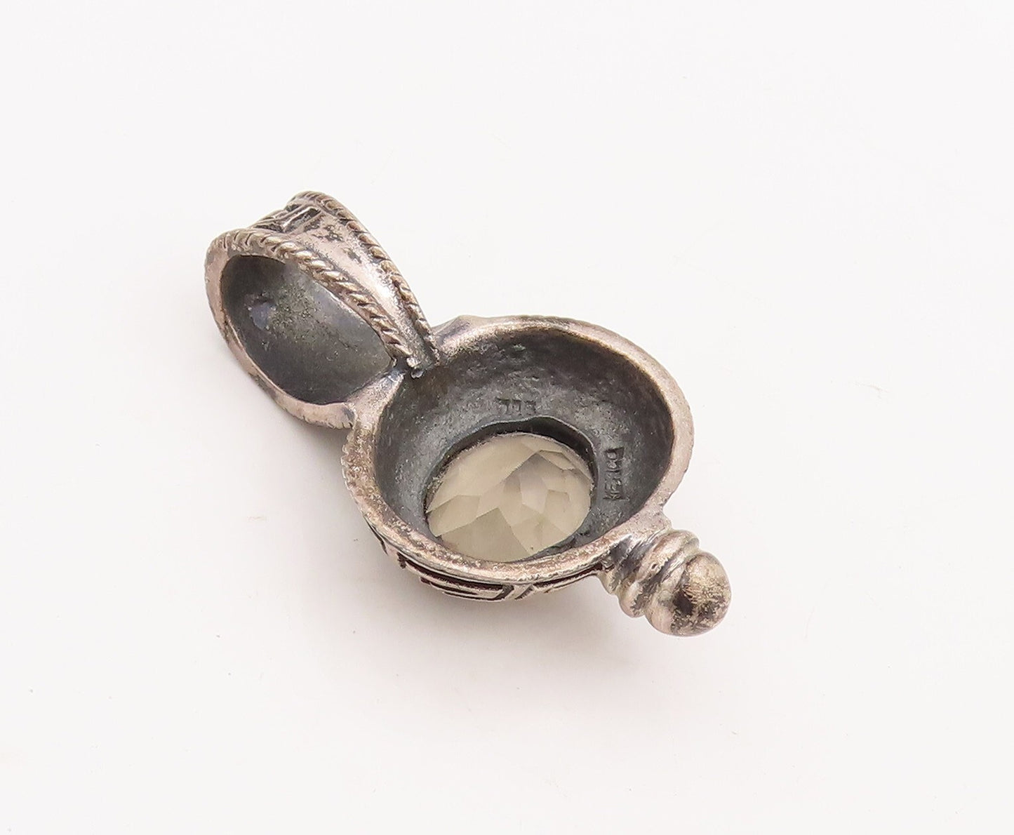 925 Sterling Silver Vintage Pendant Oval Cut Smokey Quartz Maze Carved  PT23401