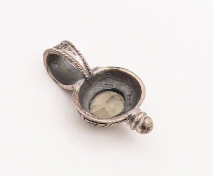 925 Sterling Silver Vintage Pendant Oval Cut Smokey Quartz Maze Carved  PT23401