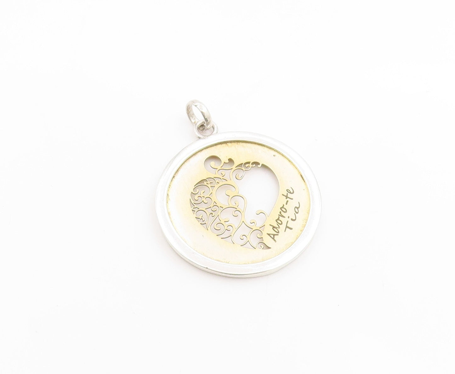925 Sterling Silver Vintage Pendant I Adore You  Aunt Love Heart Medal  PT25270