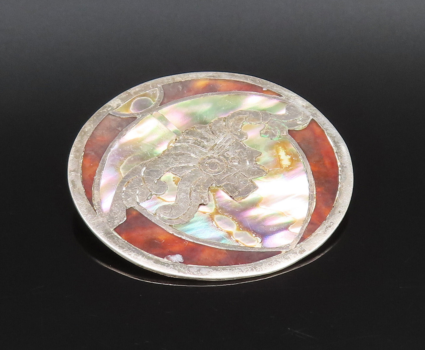 MEXICO 925 Silver  Vintage Abalone & Tiger's Eye Warrior Brooch Pin  BP10088