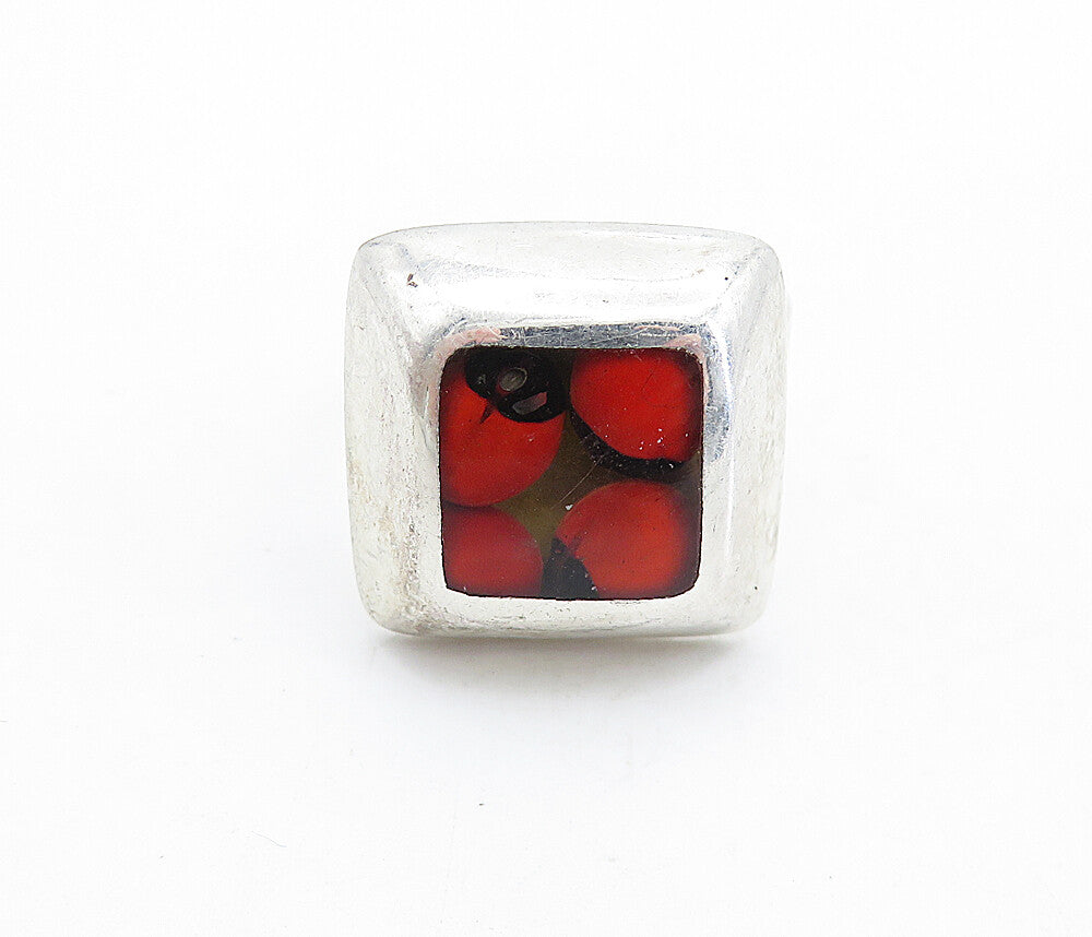 925 Sterling Silver  Vintage Glass Art Square Dome Cocktail Ring Sz 8  RG6132