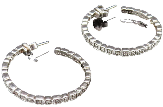 925 Silver  Vintage Genuine Diamonds Square & Round Pattern Earrings  EG12180