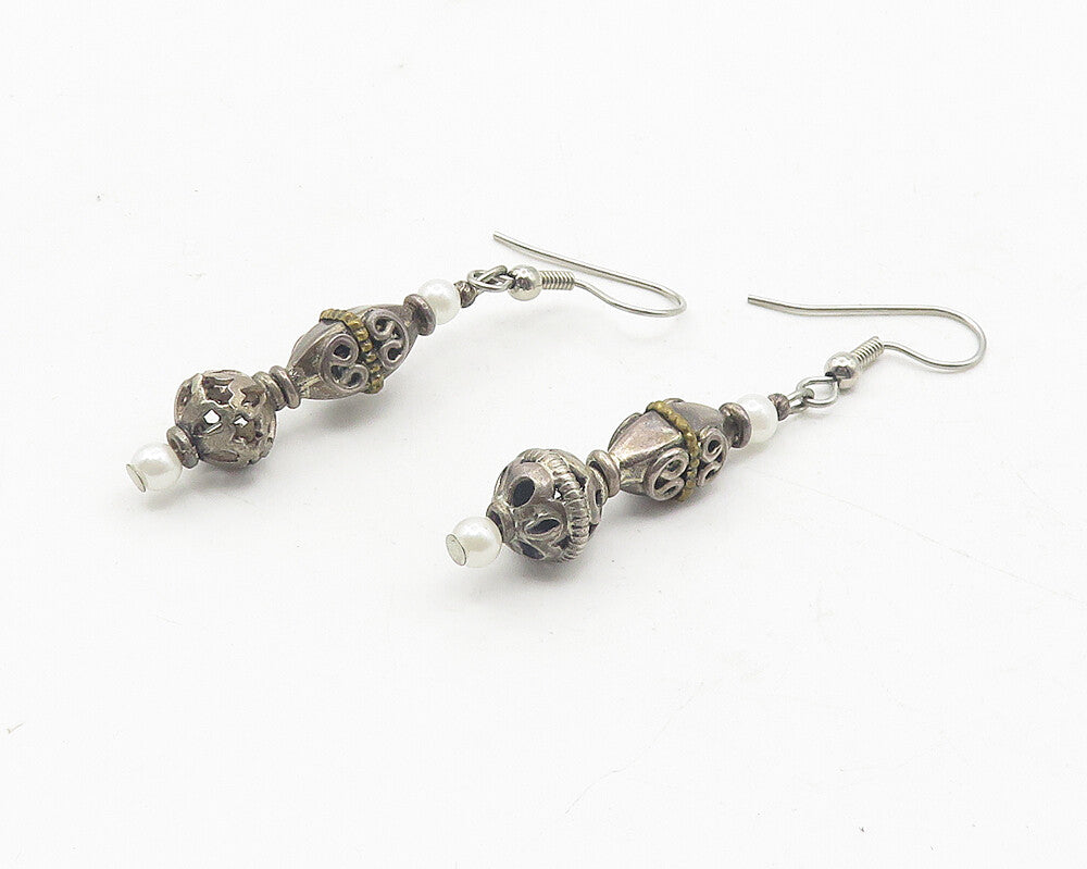 925 Sterling Silver  Vintage Petite Pearls Pretzel Dangle Earrings  EG5993