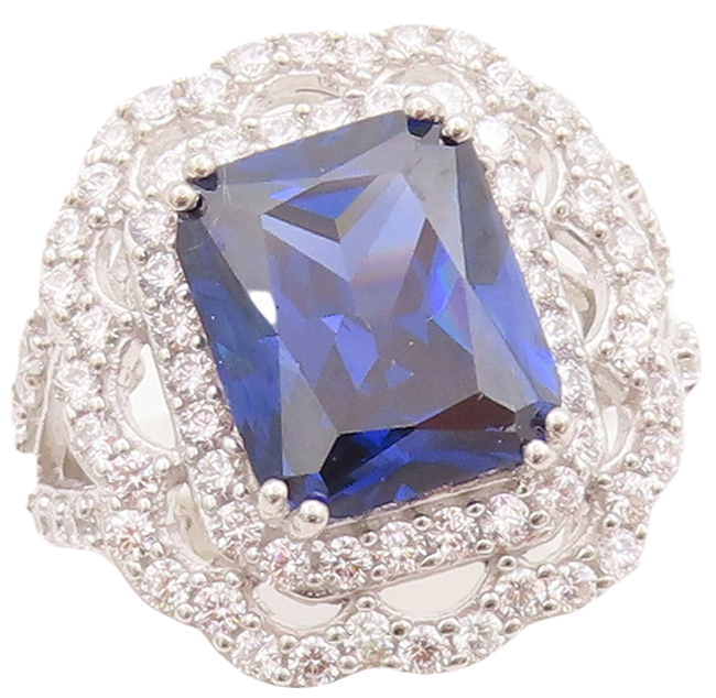925 Sterling Silver Vintage Ring Rectangle Sapphire Carved CZ Frame Sz 7 RG29367