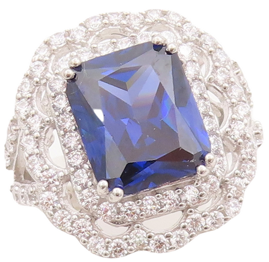 925 Sterling Silver Vintage Ring Rectangle Sapphire Carved CZ Frame Sz 7 RG29367