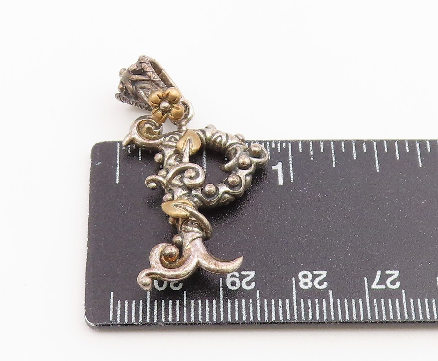18K Gold & 925 Sterling Silver Vintage Pendant BIXBY Letter P Vine Leaf  PT26509