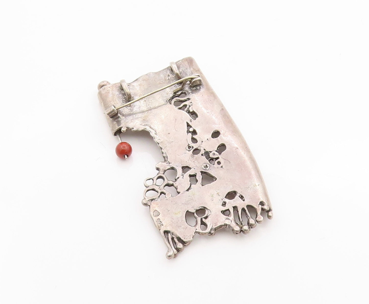 925 Sterling Silver Vintage Brooch Modernist Artisan Designed Red Bead  BP11802