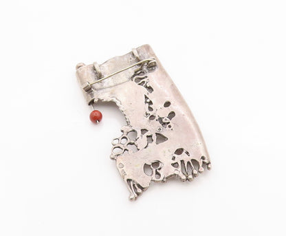 925 Sterling Silver Vintage Brooch Modernist Artisan Designed Red Bead  BP11802