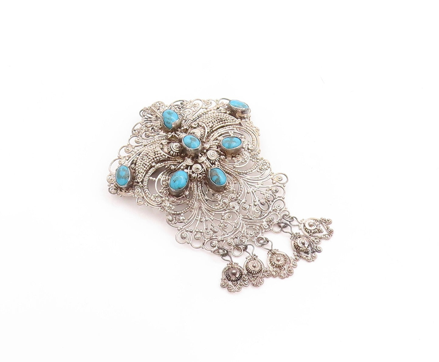 925 Sterling Silver Vintage Brooch Pin Turquoise Inlay Floral Filigree  BP11430