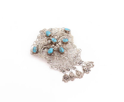 925 Sterling Silver Vintage Brooch Pin Turquoise Inlay Floral Filigree  BP11430