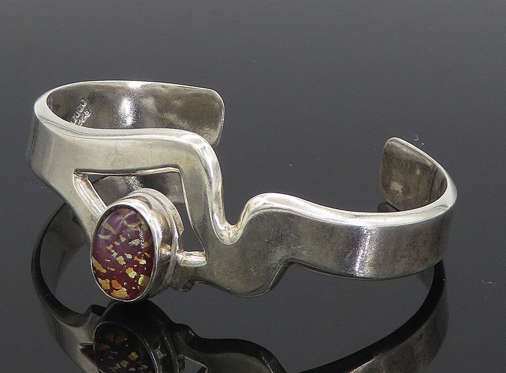 TAXCO 925 Sterling Silver  Vintage Glass Art Shiny Open Cuff Bracelet  BT3548