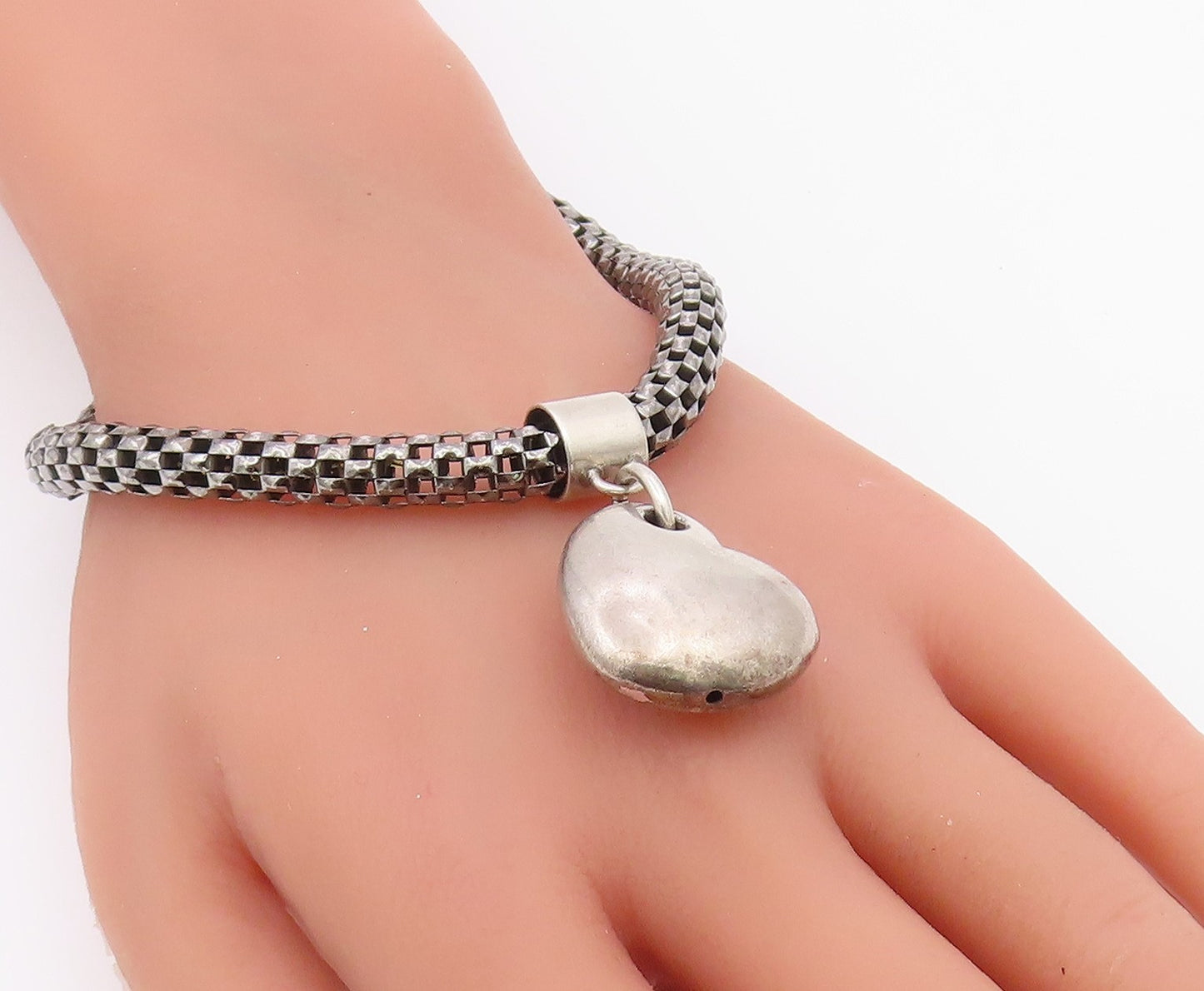 925 Sterling Silver  Vintage Love Heart Charmed Hollow Chain Bracelet  BT9071