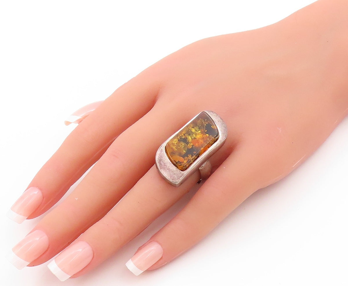 925 Sterling Silver Vintage Ring POLAND Designer Honey Amber  Sz 10  RG32780