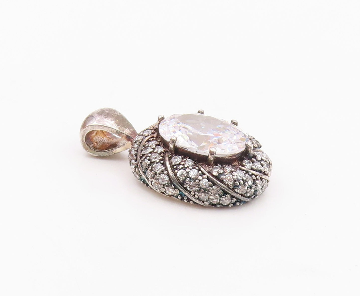 925 Sterling Silver   Vintage Sparkling Cubic Zirconia Oval Pendant  PT14994