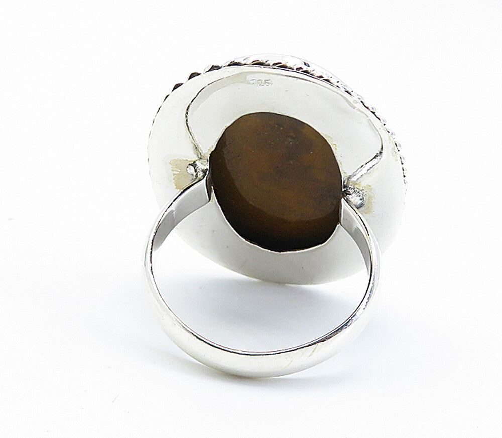 925 Sterling Silver  Cabochon Cut Brown Agate Oval Cocktail Ring Sz 9  RG8186