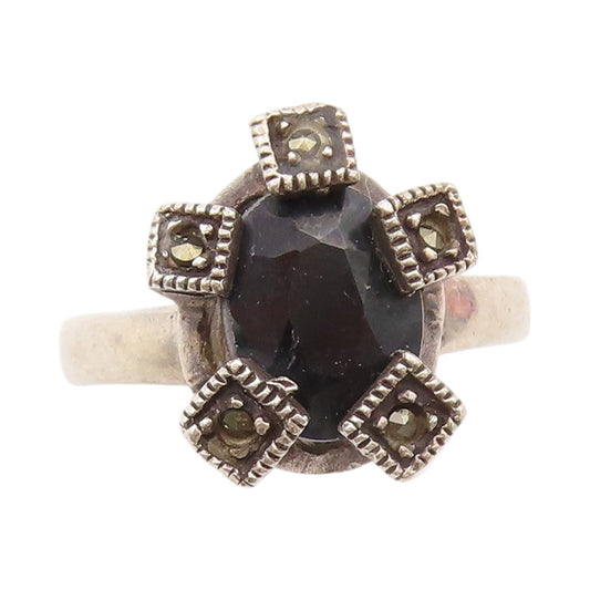 925 Sterling Silver Vintage Ring Designer Oval Onyx & Marcasite  Sz 7.5  RG31880