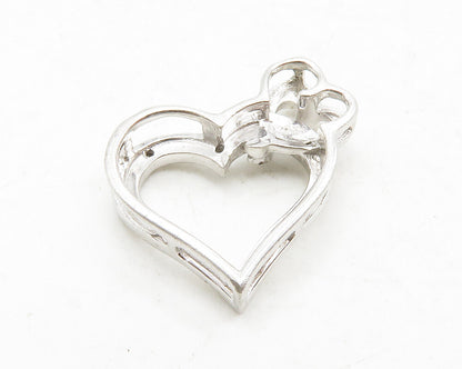 925 Sterling Silver  Genuine Diamonds Shiny Open Love Hearts Pendant  PT10556