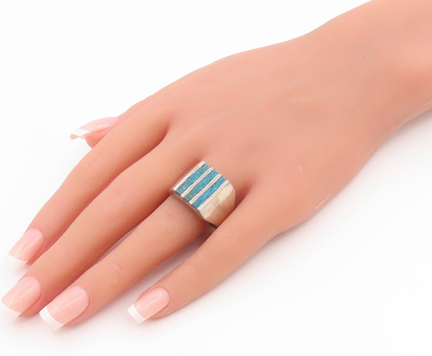 925 Sterling Silver Vintage Ring MEXICO Crushed Turquoise Inlay Sz 12.5 RG36261
