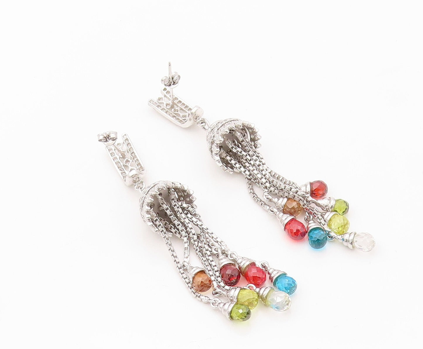 925 Sterling Silver Vintage Earrings CZ & Dangling Gemstone Tassel Cut  EG13454